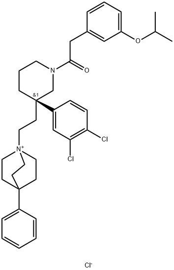 1-[2-[(3S)-3-(3,4-ジクロロフェニル)-1-(3-イソプロポキシフェニルアセチル)-3-ピペリジニル]エチル]-4-フェニル-1-アゾニアビシクロ[2.2.2]オクタン・クロリド 化学構造式