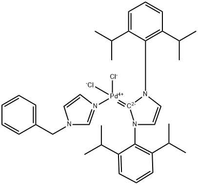 钯,[1,3-双[2,6-双(1-甲基乙基)苯基]-1,3-二氢-2H-咪唑-2-亚基]二氯[1-(苯基甲基)-1H-咪唑-ΚN3]-,(SP-4-1)- 结构式