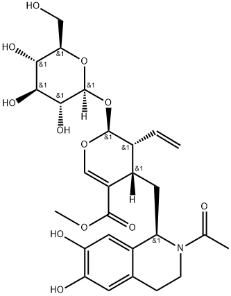 (2S)-4α-[[(1R)-2-アセチル-1,2,3,4-テトラヒドロ-6,7-ジヒドロキシイソキノリン-1-イル]メチル]-3α-ビニル-2β-(β-D-グルコピラノシルオキシ)-3,4-ジヒドロ-2H-ピラン-5-カルボン酸メチル 化学構造式