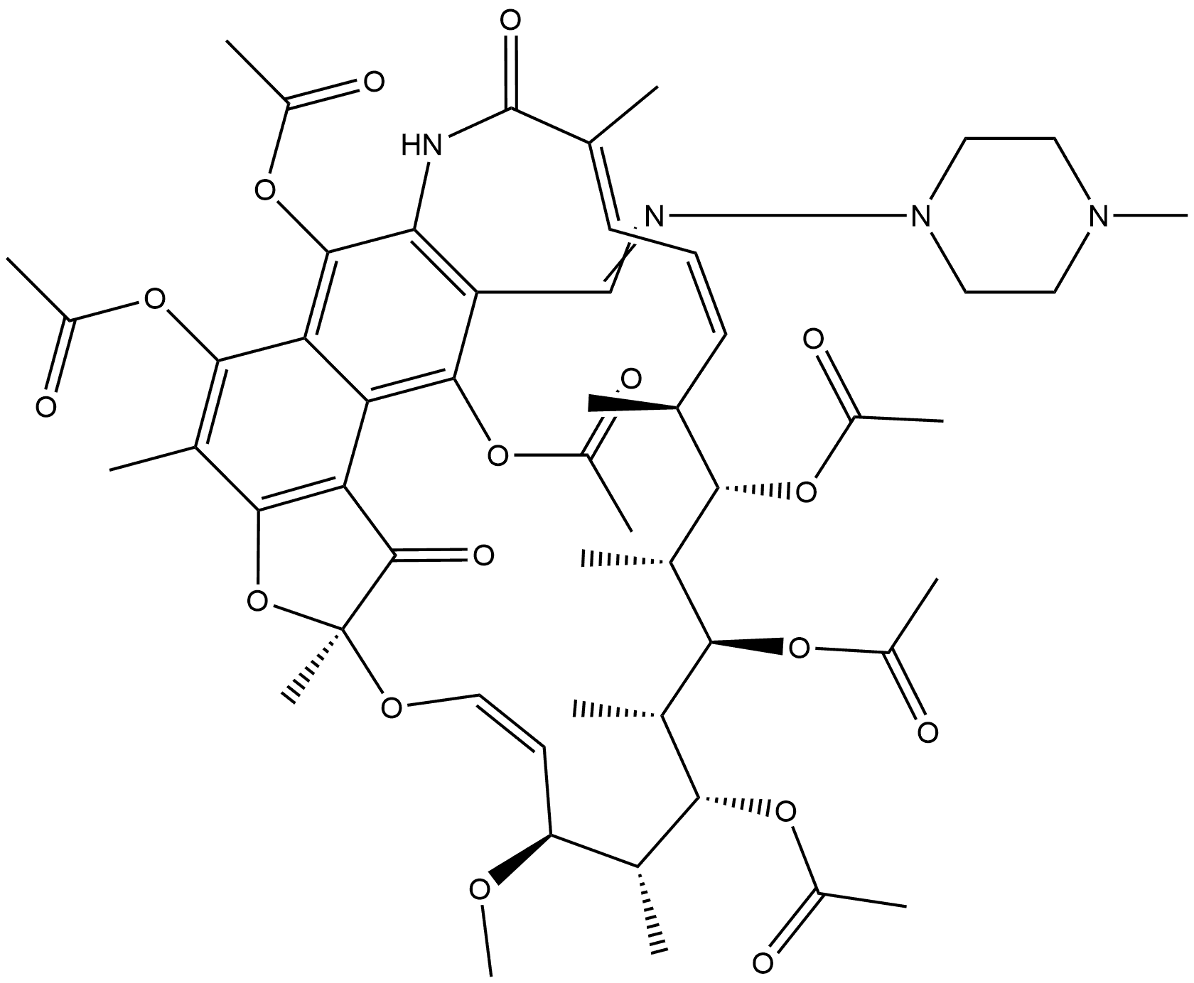 Rifamycin, 3-[[(4-methyl-1-piperazinyl)imino]methyl]-, 1,4,8,21,23-pentaacetate Struktur
