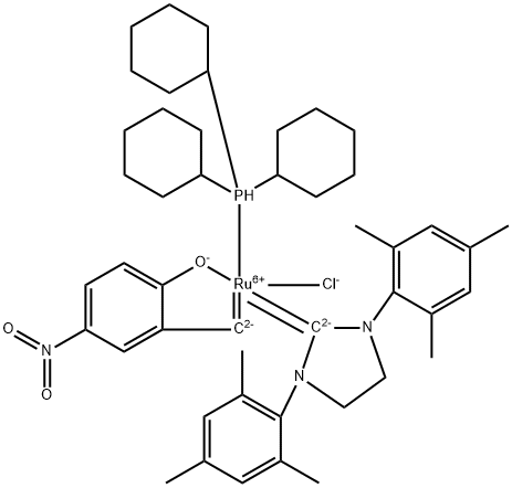 [1,3-Bis(2,4,6-trimethylphenylimidazolidin-2-ylidene)(tricyclohexylphosphine)-(2-oxo-5-nitrobenzylidene)ruthenium(II) chloride Nitro-LatMet Struktur