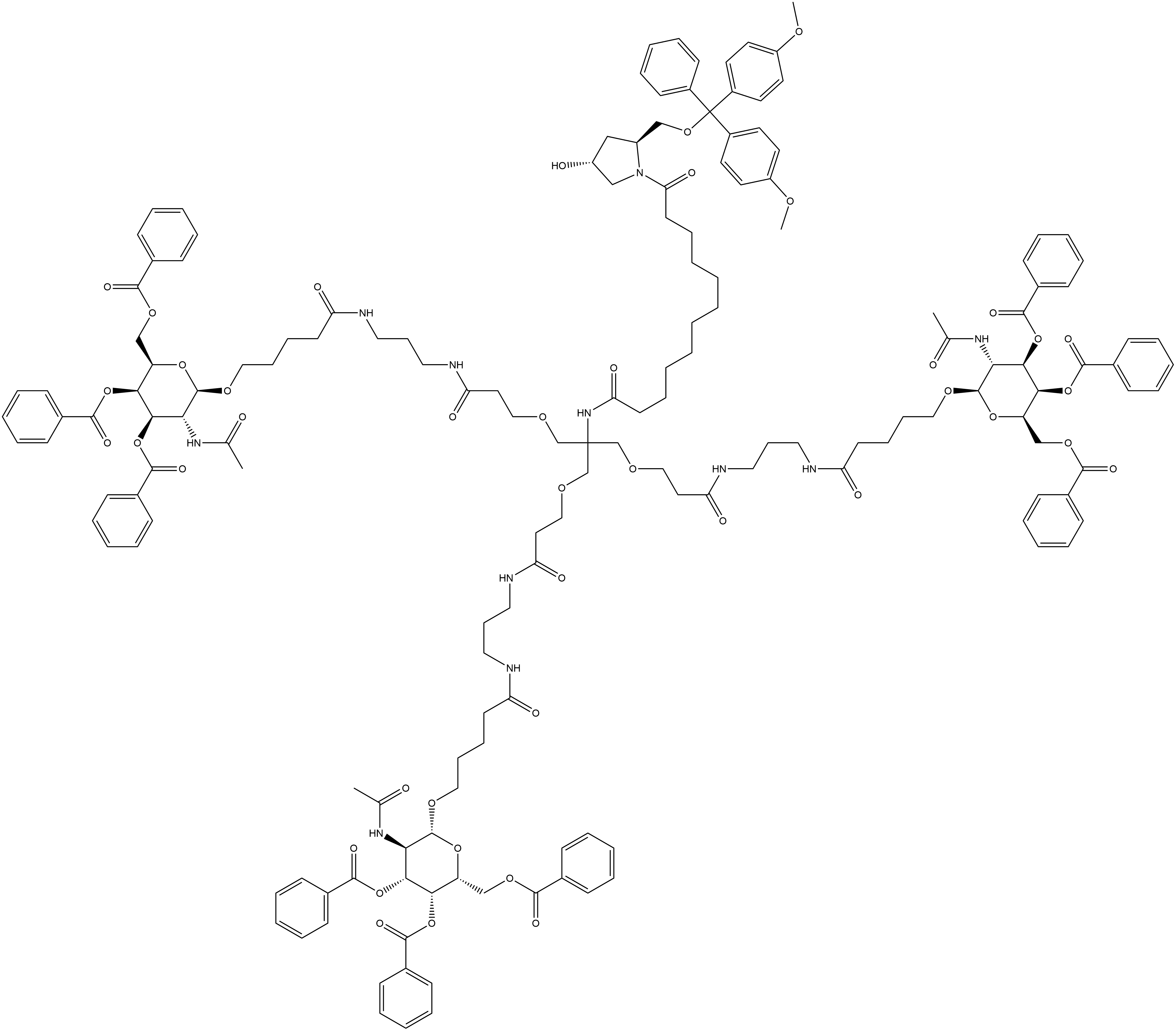 (2S,4R)-N-[2-[3-[[3-[[5-[[2-(Acetylamino)-3,4,6-tri-O-benzoyl-2-deoxy-β-D-galactopyranosyl]oxy]-1-oxopentyl]amino]propyl]amino]-3-oxopropoxy]-1,1-bis[[3-[[3-[[5-[[2-(acetylamino)-3,4,6-tri-O-benzoyl-2-deoxy-β-D-galactopyranosyl]oxy]-1-oxopentyl]amino]propyl]amino]-3-oxopropoxy]methyl]ethyl]-2-[[bis(4-methoxyphenyl)phenylmethoxy]methyl]-4-hydroxy-1-pyrrolidinedodecanamide 结构式