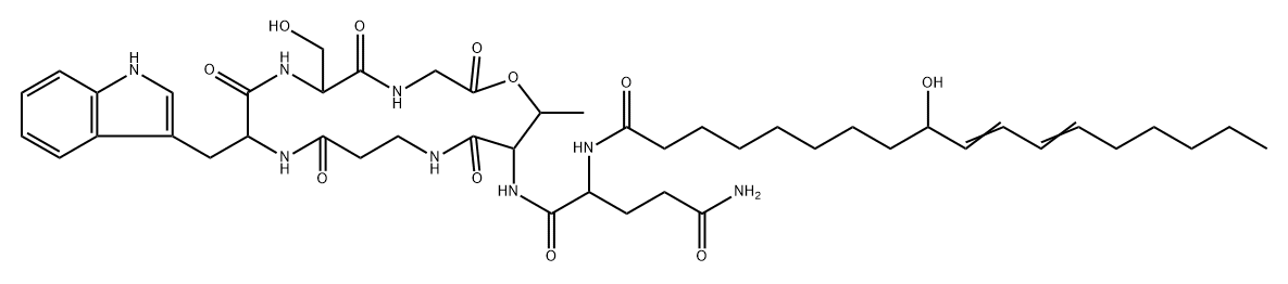 Glycine, N-(N-(N-(N-(N-(N2-(9-hydroxy-1-oxo-10,12-octadecadienyl)-D-gl utaminyl)-L-threonyl)-beta-alanyl)-D-tryptophyl)-D-seryl)-, omicron-la ctone Struktur