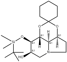 Spirocyclohexane-1,2-1,3dioxino4,5,6-hiindolizin-8-ol, 9-(1,1-dimethylethyl)dimethylsilyloxyoctahydro-, 3aS-(3a.alpha.,8.beta.,9.beta.,9a.beta.,9b.alpha.)-,156257-98-6,结构式