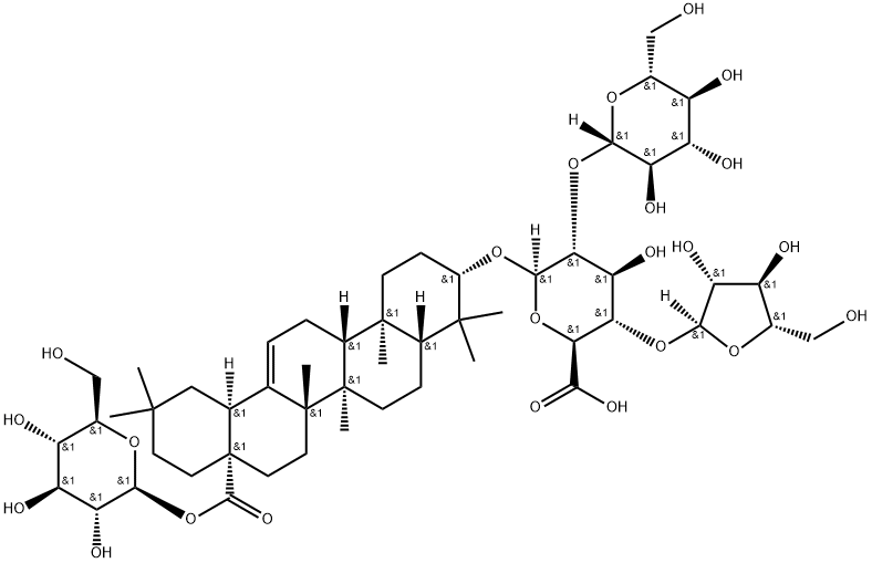 β-D-Glucopyranosiduronic acid, (3β)-28-(β-D-glucopyranosyloxy)-28-oxoolean-12-en-3-yl O-α-L-arabinofuranosyl-(1→4)-O-[β-D-glucopyranosyl-(1→2)]- 结构式