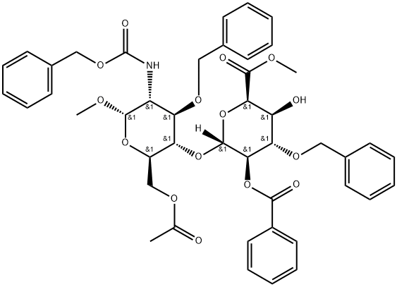 α-D-Glucopyranoside, methyl 4-O-[2-O-benzoyl-6-methyl-3-O-(phenylmethyl)-α-L-idopyranuronosyl]-2-deoxy-2-[[(phenylmethoxy)carbonyl]amino]-3-O-(phenylmethyl)-, 6-acetate Struktur