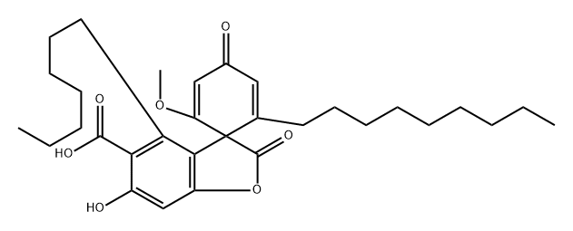 Spiro[benzofuran-3(2H),1'-[2,5]cyclohexadiene]-5-carboxylic acid, 4-heptyl-6-hydroxy-2'-methoxy-6'-nonyl-2,4'-dioxo- (9CI) Structure