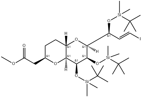 Methyl 2-((2R,4aS,6S,7R,8S,8aS)-7,8-bis((tert-butyldimethylsilyl)oxy)-6-((S,E)-1-((tert-butyldimethylsilyl)oxy)-3-iodoallyl)octahydropyrano[3,2-b]pyran-2-yl)acetate Struktur