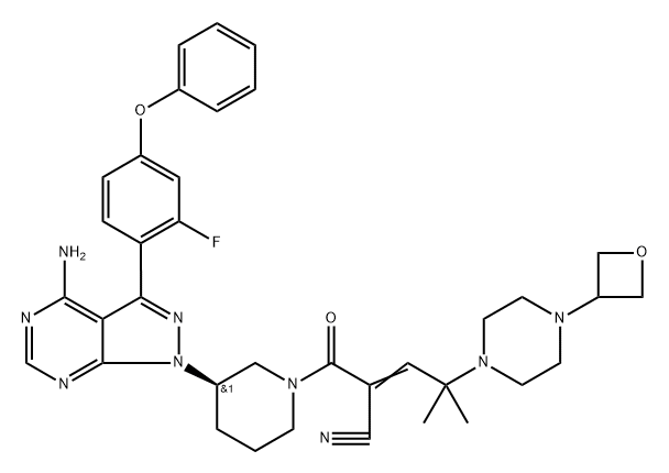(R)-2-(3-(4-氨基-3-(2-氟-4-苯氧基苯基)-1H-吡唑并[3,4-D]嘧啶-1-基)哌啶-1-羰基)-4-甲基-4-(4-(氧杂环丁烷-3-基)哌嗪-1-基)戊-2-烯腈, 1575591-66-0, 结构式
