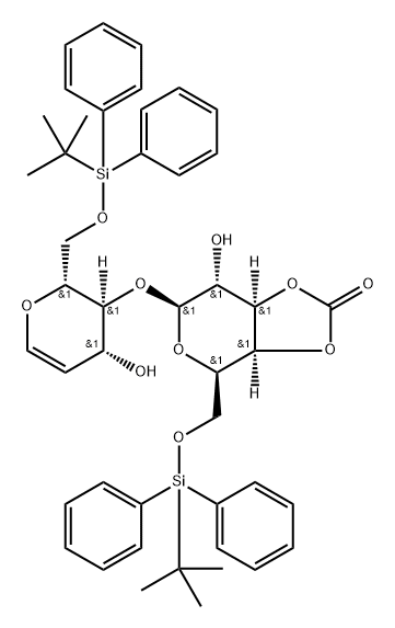 1,5-Anhydro-4-O-[3,4-O-carbonyl-6-O-[(1,1-dimethylethyl)diphenylsilyl]-beta-D-galactopyranosyl]-2-deoxy-6-O-[(1,1-dimethylethyl)diphenylsilyl]-D-arabino-hex-1-enitol Struktur