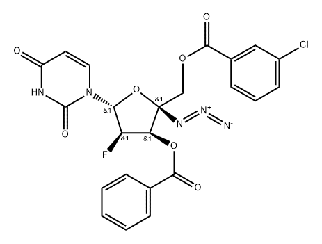 Uridine, 4'-C-azido-2'-deoxy-2'-fluoro-, 3'-benzoate 5'-(3-chlorobenzoate) Struktur