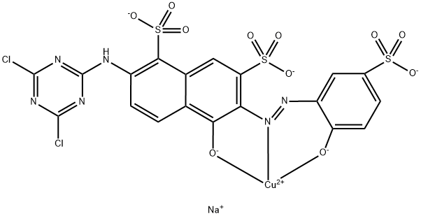 trisodium [2-[(4,6-dichloro-1,3,5-triazin-2-yl)amino]-5-hydroxy-6-[(2-hydroxy-5-sulphophenyl)azo]naphthalene-1,7-disulphonato(5-)]cuprate(3-) 化学構造式