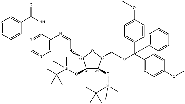 N-(9-((2R,3R,4R,5R)-5-((二(4-甲氧苯基)(苯基)甲氧基)甲基)-3,4-二((叔-丁基二甲基甲硅烷基)氧代)四氢呋喃-2-基)-9H-嘌呤-6-基)苯甲酰胺, 160513-05-3, 结构式