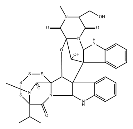 22bH-18,22a-(Iminomethano)-10b,23a-methano-10bH,23aH-indolo[2′′,3′′:2′,3′][1,2,3,4,6]tetrathiazocino[6′′,5′′:1′,5′]pyrrolo[3′,4′:6,7]pyrazino[2′′′,1′′′:2,3][1,3]oxazepino[4,5-b]indole-1,4,17,25(18H)-tetrone, 2,3,5a,6,15,15a-hexahydro-24-hydroxy-3-(hydroxymethyl)-2,26-dimethyl-18-(1-methylethyl)-, (3R,5aR,10bS,10cR,15aS,18R,22aR,22bR,23aR,24R)-rel-(+)- Structure