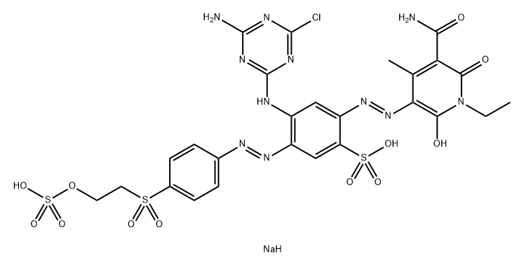 Benzenesulfonic acid, 2-5-(aminocarbonyl)-1-ethyl-1,6-dihydro-2-hydroxy-4-methyl-6-oxo-3-pyridinylazo-4-(4-amino-6-chloro-1,3,5-triazin-2-yl)amino-5-4-2-(sulfooxy)ethylsulfonylphenylazo-, sodium salt Struktur