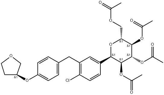 (2R,3R,4R,5S,6R)-2-(acetoxymethyl)-6-(4-chloro-3-(4-(((S)-tetrahydrofuran-3-yl)oxy)benzyl)phenyl)tetrahydro-2H-pyran-3,4,5-triyl triacetate 化学構造式