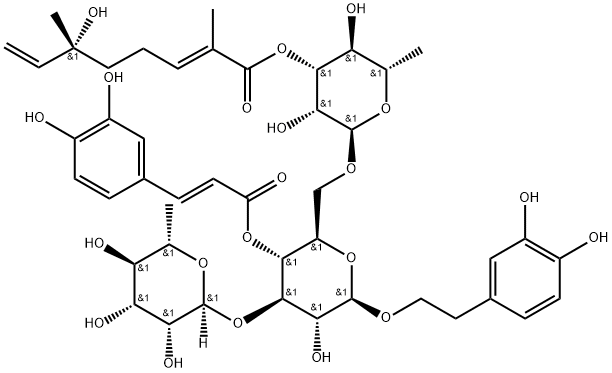 β-D-Glucopyranoside, 2-(3,4-dihydroxyphenyl)ethyl O-6-deoxy-3-O-[(2E,6R)-6-hydroxy-2,6-dimethyl-1-oxo-2,7-octadien-1-yl]-α-L-mannopyranosyl-(1→6)-O-[6-deoxy-α-L-mannopyranosyl-(1→3)]-, 4-[(2E)-3-(3,4-dihydroxyphenyl)-2-propenoate] Structure