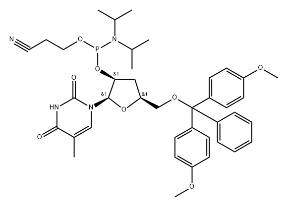 3'-Deoxy-5'-O-DMT-thymidine 2'-CE phosphoramidite Struktur