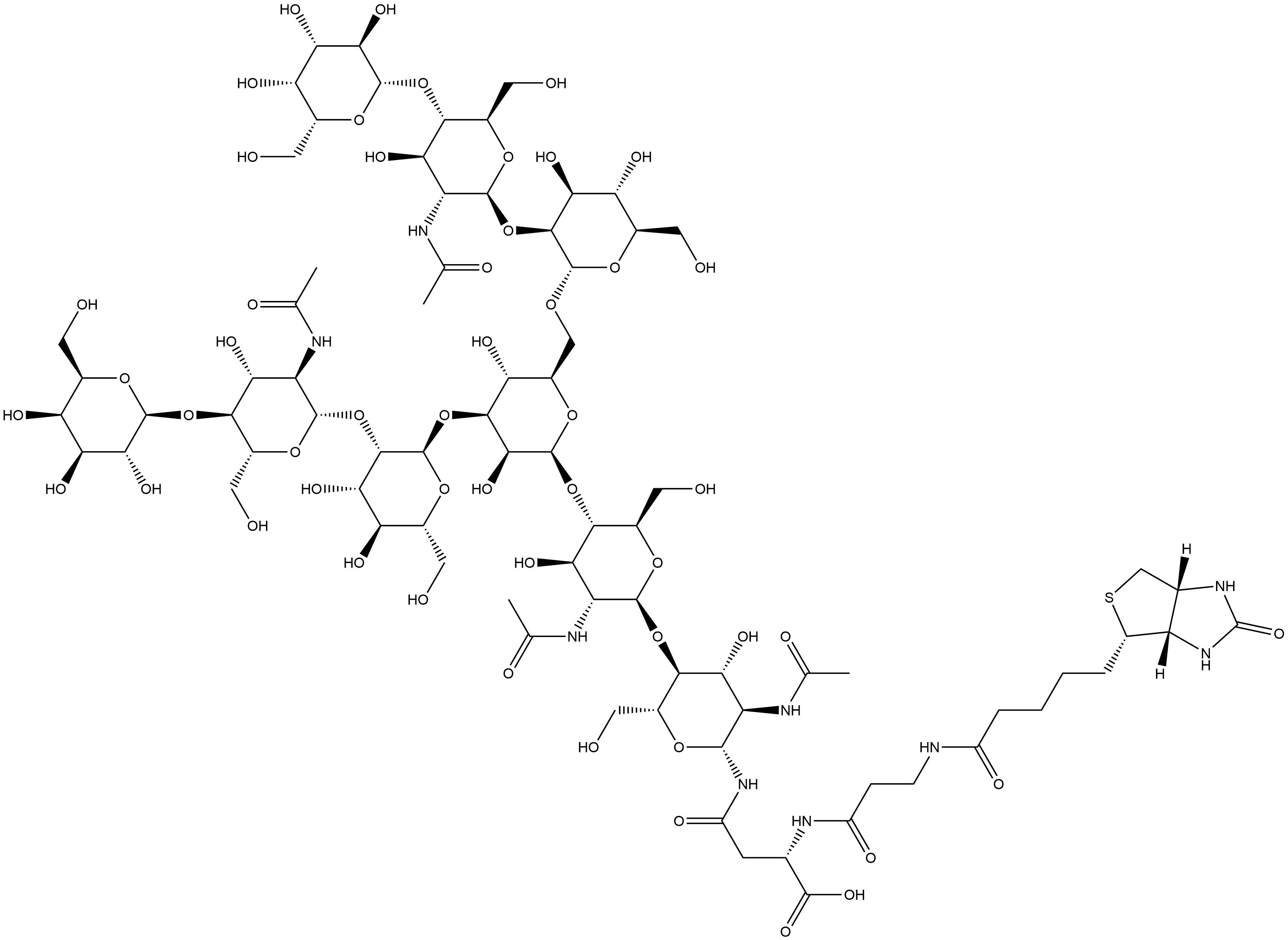 3aS-(3aα,4β,6aα)]-N-[O-β-D-galactopyranosyl-(1→4)-O-2-(acetylamino)-2-deoxy-β-D-glucopyranosyl-(1→2)-O-α-D-mannopyranosyl-(1→3)-O-[O-β-D-galactopyranosyl-(1→4)-O-2-(acetylamino)-2-deoxy-β-D-glucopyranosyl-(1→2)-α-D-mannopyranosyl-(1→6)]-O-β-D-mannopyranosyl-(1→4)-O-2-(acetylamino)-2-deoxy-β-D-glucopyranosyl-(1→4)-2-(acetylamino)-2-deoxy-β-D-glucopyranosyl]-N2-[N-[5-(hexahydro-2-oxo-1H-thieno[3,4-d]imidazol-4-yl)-1-oxopentyl]-β-alanyl]-L-Asparagine 结构式