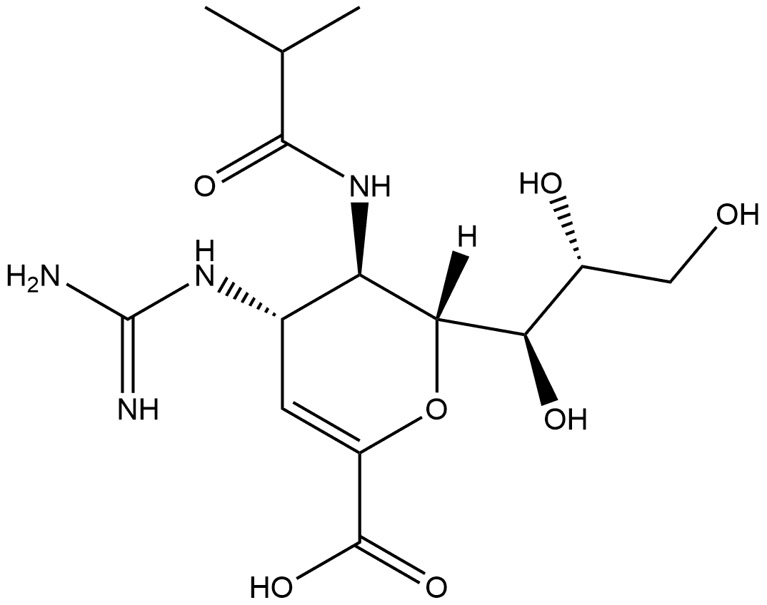 D-glycero-D-galacto-Non-2-enonic acid, 4-[(aminoiminomethyl)amino]-2,6-anhydro-3,4,5-trideoxy-5-[(2-methyl-1-oxopropyl)amino]- Struktur