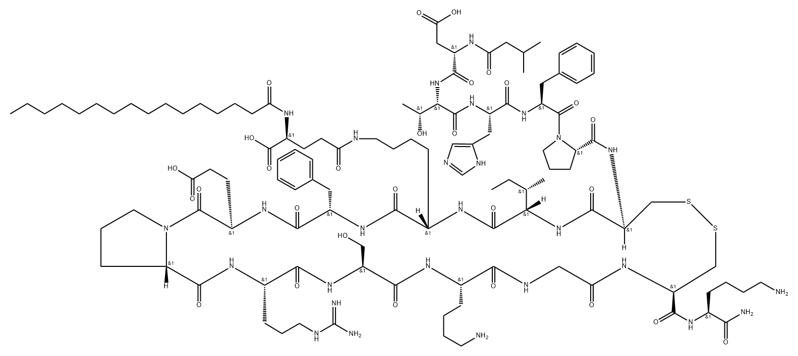 L-Lysinamide, N-(3-methyl-1-oxobutyl)-L-α-aspartyl-L-threonyl-L-histidyl-L-phenylalanyl-L-prolyl-L-cysteinyl-L-isoleucyl-N6-[N-(1-oxohexadecyl)-L-γ-glutamyl]-L-lysyl-L-phenylalanyl-L-α-glutamyl-L-prolyl-L-arginyl-L-seryl-L-lysylglycyl-L-cysteinyl-, cyclic (6→16)-disulfide Structure