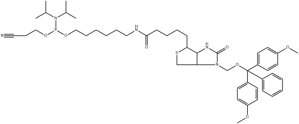 Phosphoramidous acid, N,N-bis(1-methylethyl)-, 6-[[5-[1-[[bis(4-methoxyphenyl)phenylmethoxy]methyl]hexahydro-2-oxo-1H-thieno[3,4-d]imidazol-4-yl]-1-oxopentyl]amino]hexyl 2-cyanoethyl ester,1628556-98-8,结构式