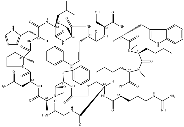 Glycinamide, N-(2-mercaptoacetyl)-L-phenylalanyl-N-methyl-L-alanyl-L-asparaginyl-L-prolyl-L-histidyl-L-leucyl-L-seryl-L-tryptophyl-L-seryl-L-tryptophyl-N-methyl-L-norleucyl-N-methyl-L-norleucyl-L-arginyl-L-cysteinyl-, cyclic (1→14)-thioether Structure