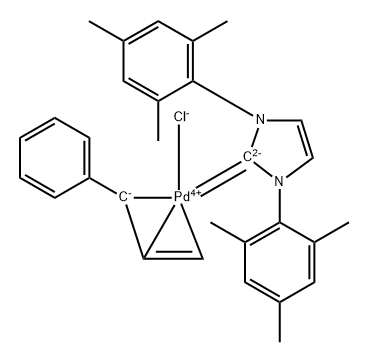 氯[(1,2,3-Η)-1-苯基-2-丙烯-1-基]-[1,3-双[2,4,6-三甲基苯基]-1,3-二氢-2H-咪唑-2-亚基]合钯(II) 结构式