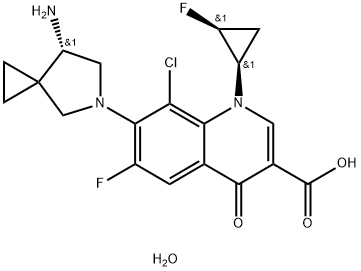 3-Quinolinecarboxylic acid, 7-[(7S)-7-aMino-5-azaspiro[2.4]hept-5-yl]-8-chloro-6-fluoro-1-[(1R,2S)-2-fluorocyclopropyl]-1,4-dihydro-4-oxo-, hydrate (2:1) 化学構造式