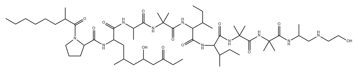 Alaninamide, 1-(2-methyl-1-oxooctyl)-L-prolyl-2-amino-6-hydroxy-4-methyl-8-oxodecanoyl-L-alanyl-2-methylalanyl-L-isoleucyl-L-isoleucyl-2-methylalanyl-N-[2-[(2-hydroxyethyl)amino]-1-methylethyl]-2-methyl- Struktur