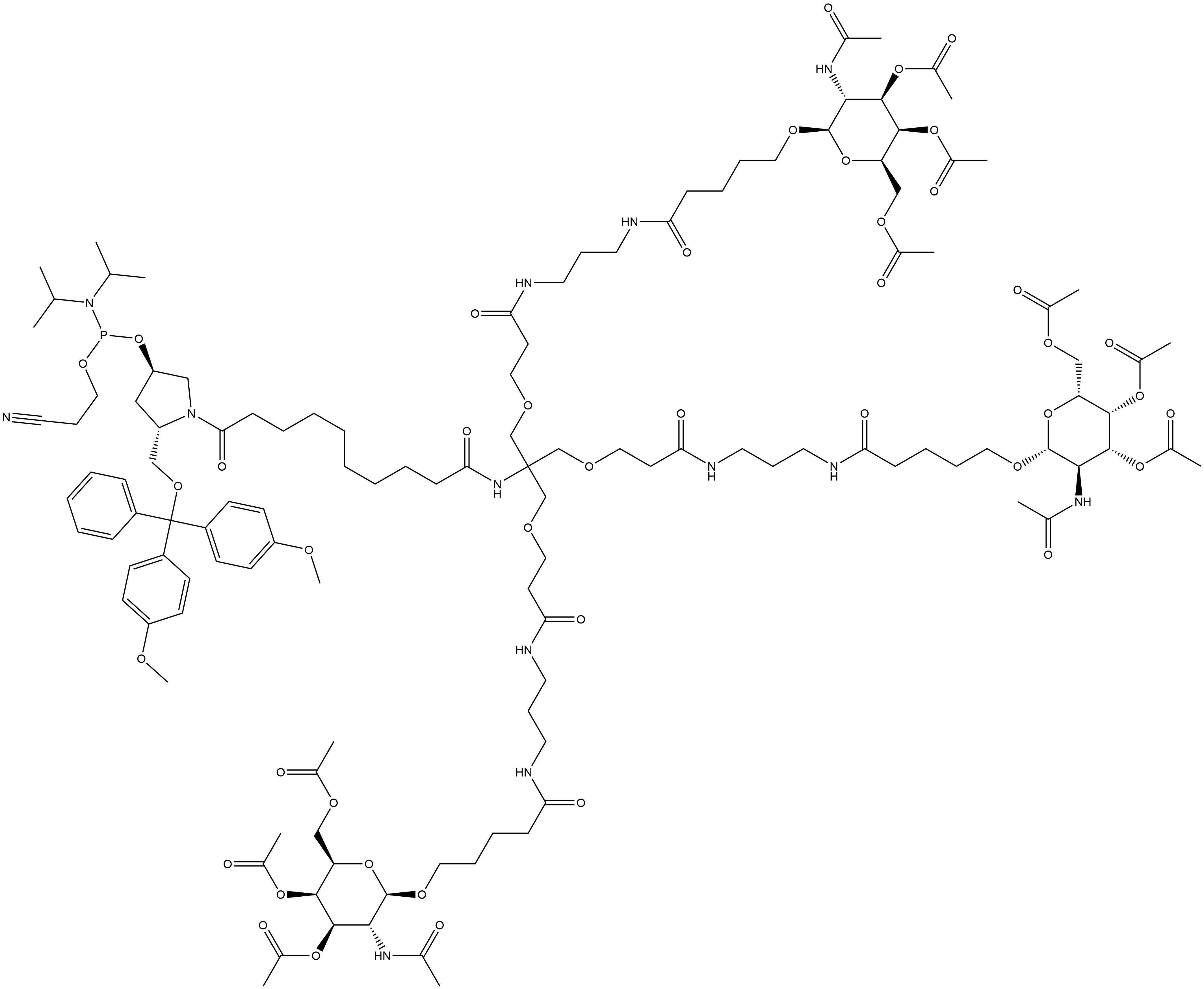Phosphoramidous acid, N,N-bis(1-methylethyl)-, (3R,5S)-5-[[bis(4-methoxyphenyl)phenylmethoxy]methyl]-1-[1,10,17,23-tetraoxo-12,12-bis[[3-oxo-3-[[3-[[1-oxo-5-[[3,4,6-tri-O-acetyl-2-(acetylamino)-2-deoxy-β-D-galactopyranosyl]oxy]pentyl]amino]propyl]amino]propoxy]methyl]-27-[[3,4,6-tri-O-acetyl-2-(acet... Structure