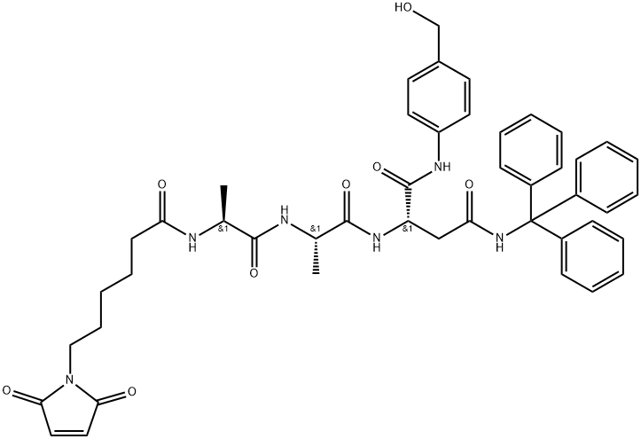 (S)-2-((S)-2-((S)-2-(6-(2,5-二氧代-2,5-二氢-1H-吡咯-1-基)己酰胺基)丙酰氨基)丙酰氨基)-N1-(4-(羟甲基)苯基)-N4-三苯甲基琥珀酰胺, 1638970-43-0, 结构式