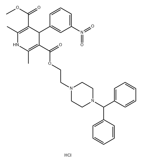 3,5-Pyridinedicarboxylicacid, 1,4-dihydro-2,6-dimethyl-4-(3-nitrophenyl)-, 3-[2-[4-(diphenylmethyl)-1-piperazinyl]ethyl]5-methyl ester, hydrochloride (1:1) Structure