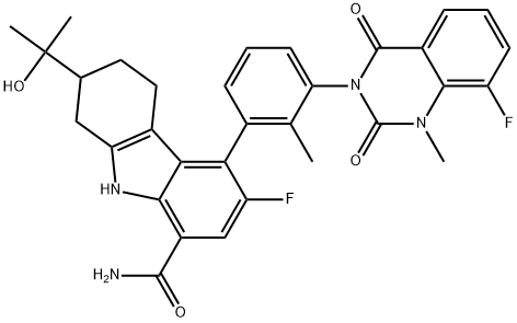 1H-Carbazole-8-carboxamide, 6-fluoro-5-[(3S)-3-(8-fluoro-1,4-dihydro-1-methyl-2,4-dioxo-3(2H)-quinazolinyl)-2-methylphenyl]-2,3,4,9-tetrahydro-2-(1-hydroxy-1-methylethyl)-, (2S,5S)- Structure