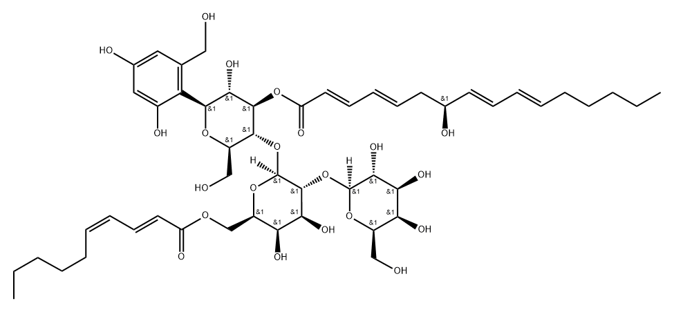 D-Glucitol, O-β-D-galactopyranosyl-(1→2)-O-6-O-[(2E,4Z)-1-oxo-2,4-decadienyl]-β-D-galactopyranosyl-(1→3)-1,5-anhydro-1-C-[2,4-dihydroxy-6-(hydroxymethyl)phenyl]-, 3-[(2E,4E,7S,8E,10E)-7-hydroxy-2,4,8,10-hexadecatetraenoate] (9CI)|镰孢康定 A