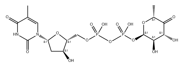 Thymidine 5'-(trihydrogen diphosphate) P'-(6-deoxy-alpha-D-xylo-hexopyranos-4-ulos-1-yl) ester Structure