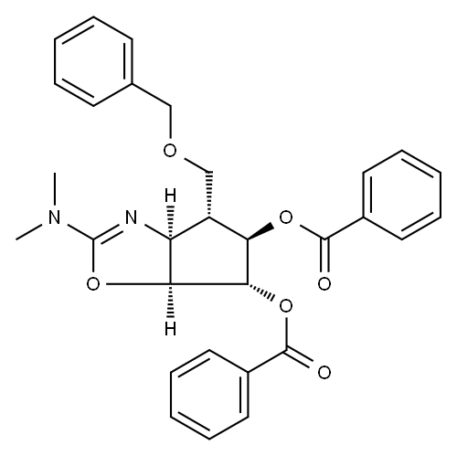 4H-Cyclopentoxazole-5,6-diol, 2-(dimethylamino)-3a,5,6,6a-tetrahydro-4-(phenylmethoxy)methyl-, dibenzoate (ester), 3aS-(3a.alpha.,4.alpha.,5.beta.,6.alpha.,6a.alpha.)- Structure