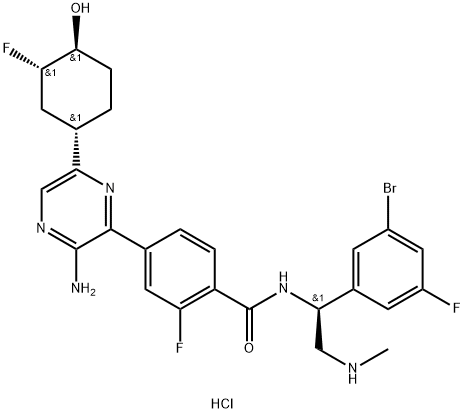 Benzamide, 4-[3-amino-6-[(1S,3S,4S)-3-fluoro-4-hydroxycyclohexyl]-2-pyrazinyl]-N-[(1S)-1-(3-bromo-5-fluorophenyl)-2-(methylamino)ethyl]-2-fluoro-, hydrochloride (1:) Structure