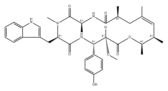 Cyclo[(2S,3S)-3-(4-hydroxyphenyl)-2-methoxy-β-alanyl-(2S,4E,6R,7R)-7-hydroxy-2,4,6-trimethyl-4-octenoyl-L-alanyl-N-methyl-D-tryptophyl] Structure