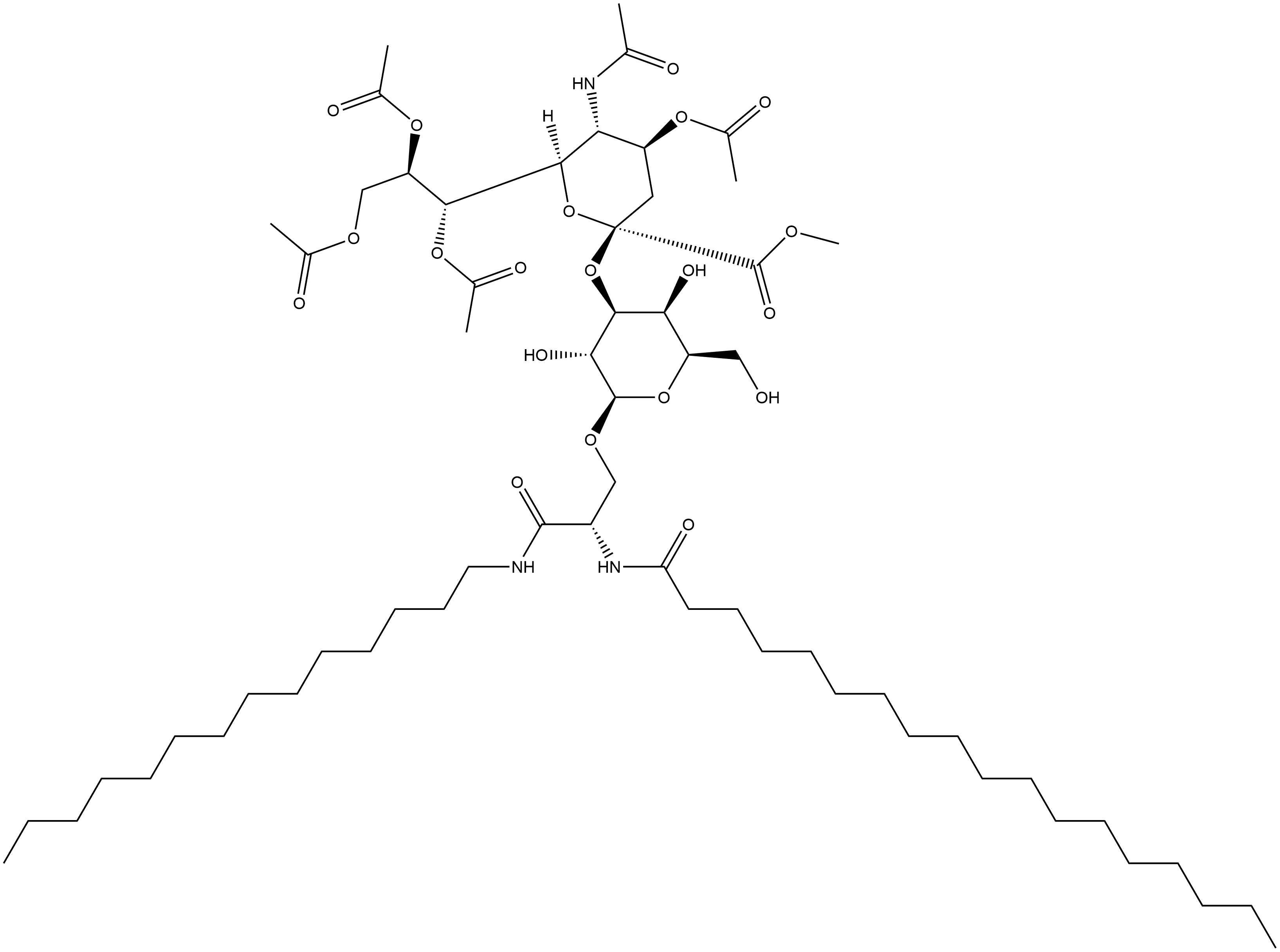 (S)-N-[1-[[[3-O-(N-acetyl-4,7,8,9-tetra-O-acetyl-1-methyl-α-neuraminosyl)-β-D-galactopyranosyl]oxy]methyl]-2-oxo-2-(tetradecylamino)ethyl]-Octadecanamide 结构式