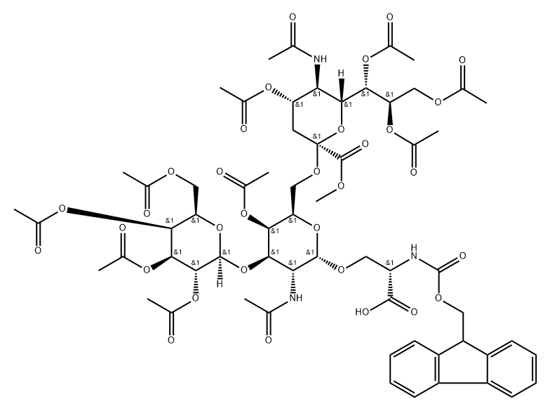 L-Serine, O-[O-(N-acetyl-4,7,8,9-tetra-O-acetyl-1-methyl-β-neuraminosyl)-(2→6)-O-[2,3,4,6-tetra-O-acetyl-β-D-galactopyranosyl-(1→3)]-4-O-acetyl-2-(acetylamino)-2-deoxy-α-D-galactopyranosyl]-N-[(9H-fluoren-9-ylmethoxy)carbonyl]- (9CI) Struktur