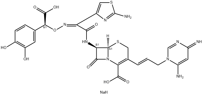 5-Thia-1-azabicyclo[4.2.0]oct-2-ene-2-carboxylic acid, 3-[(1E)-3-(6-amino-4-imino-1(4H)-pyrimidinyl)-1-propen-1-yl]-7-[[(2Z)-2-(2-amino-4-thiazolyl)-2-[[(S)-carboxy(3,4-dihydroxyphenyl)methoxy]imino]acetyl]amino]-8-oxo-, sodium salt (1:1), (6R,7R)-|化合物 T25095