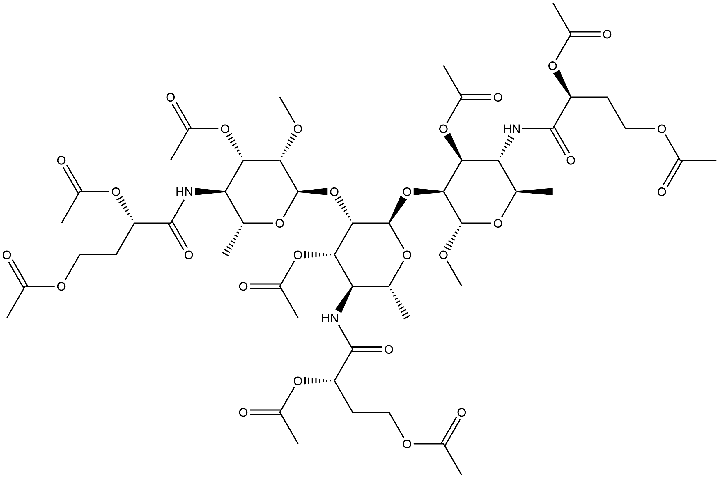 (S)-methyl O-(S)-3-O-acetyl-4-[[2,4-bis(acetyloxy)-1-oxobutyl]amino]-4,6-dideoxy-2-O-methyl-α-D-mannopyranosyl-(1→2)-O-(S)-3-O-acetyl-4-[[2,4-bis(acetyloxy)-1-oxobutyl]amino]-4,6-dideoxy-α-D-mannopyranosyl-(1→2)-4-[[2,4-bis(acetyloxy)-1-oxobutyl]amino]-4,6-dideoxy-α-D-Mannopyranoside 3-acetate Structure
