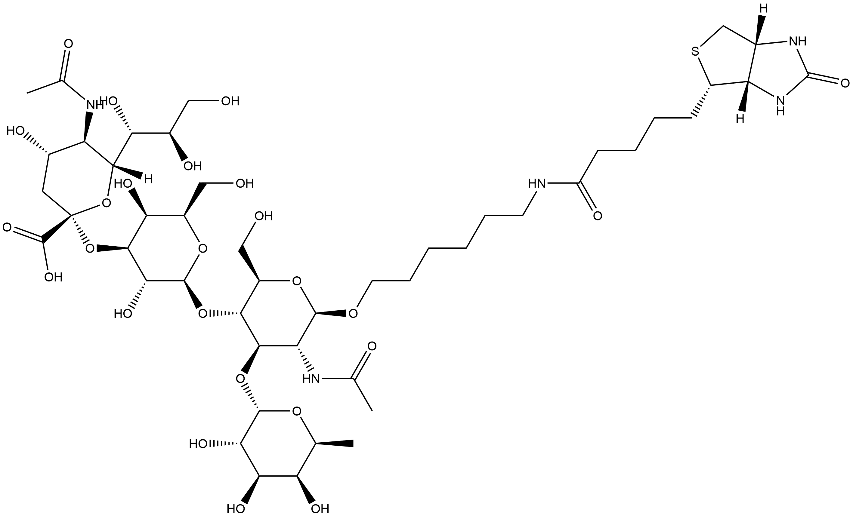 3aS-(3aα,4β,6aα)]-N-[6-[[O-(N-acetyl-α-neuraminosyl)-(2→3)-O-β-D-galactopyranosyl-(1→4)-O-[6-deoxy-α-L-galactopyranosyl-(1→3)]-2-(acetylamino)-2-deoxy-β-D-glucopyranosyl]oxy]hexyl]hexahydro-2-oxo-1H-Thieno[3,4-d]imidazole-4-pentanamide Struktur
