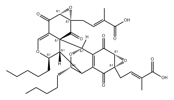 2-Butenoic acid, 4,4'-[(1aR,5R,5aS,6R,7aS,8aR,10R,10aS,11aS,13S)-1a,2,5a,6,7,8a,9,10-octahydro-2,7,9,11-tetraoxo-5,13-dipentyl-10,6-(epoxymethano)bisoxireno[4,5]benzo[1,2-d:1',2'-g][2]benzopyran-7a,11a(5H,11H)-diyl]bis[2-methyl-, (2E,2'E)- Structure