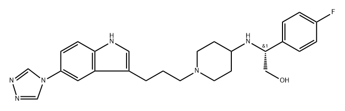 Benzeneethanol, 4-fluoro-β-[[1-[3-[5-(4H-1,2,4-triazol-4-yl)-1H-indol-3-yl]propyl]-4-piperidinyl]amino]-, (βR)-|Benzeneethanol, 4-fluoro-β-[[1-[3-[5-(4H-1,2,4-triazol-4-yl)-1H-indol-3-yl]propyl]-4-piperidinyl]amino]-, (βR)-