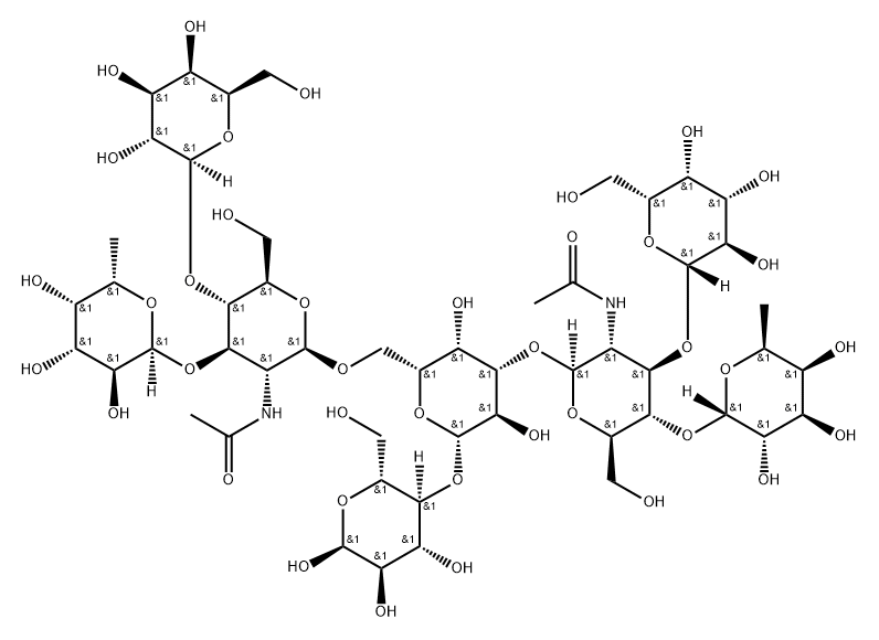 O-6-脱氧-ALPHA-L-吡喃半乳糖基-(1-3)-O-[BETA-D-吡喃半乳糖基-(1-4)]-O-2-(乙酰氨基)-2-脱氧-BETA-D-吡喃葡萄糖基-(1-6)-O-[O-6-脱氧-ALPHA-L-吡喃半乳糖基-(1-4)-O-[BETA-D-吡喃半乳糖基-(1-3)]-2-(乙酰氨基)-2-脱氧-BETA-D-吡喃葡萄糖基-(1-3)]-O-BETA-D-吡喃半乳糖基-(1-4)-ALPHA-D-吡喃葡萄糖, 178555-60-7, 结构式