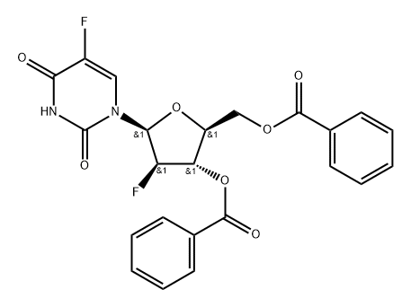 1-(3,5-二-O-苯甲酰基-2-脱氧-2-氟-BETA-L-呋喃阿拉伯糖基)-5-氟-2,4(1H,3H)-嘧啶二酮 结构式