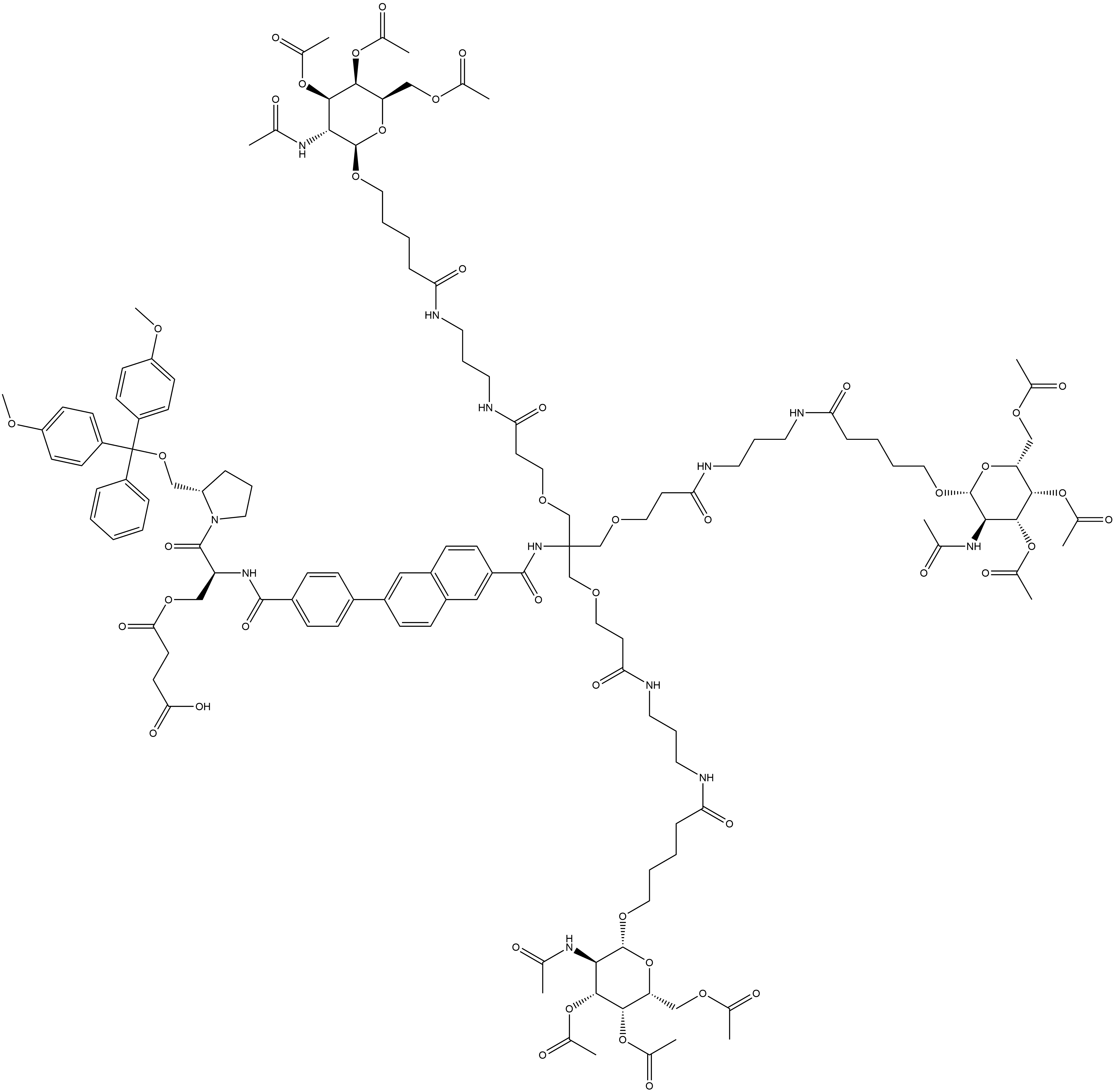 1-[(2S)-3-[(2S)-2-[[Bis(4-methoxyphenyl)phenylmethoxy]methyl]-1-pyrrolidinyl]-2-[[4-[6-[1,8,14-trioxo-3,3-bis[[3-oxo-3-[[3-[[1-oxo-5-[[3,4,6-tri-O-acetyl-2-(acetylamino)-2-deoxy-β-D-galactopyranosyl]oxy]pentyl]amino]propyl]amino]propoxy]methyl]-18-[[3,4,6-tri-O-acetyl-2-(acetylamino)-2-deoxy-β-D-galactopyranosyl]oxy]-5-oxa-2,9,13-triazaoctadec-1-yl]-2-naphthalenyl]benzoyl]amino]propyl] butanedioate Struktur