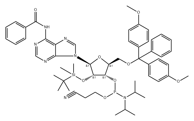 Benzamide, N-[9-[5-O-[bis(4-methoxyphenyl)phenylmethyl]-3-O-[[bis(1-methylethyl)amino](2-cyanoethoxy)phosphino]-2-O-[(1,1-dimethylethyl)dimethylsilyl]-β-L-ribofuranosyl]-9H-purin-6-yl]- Structure